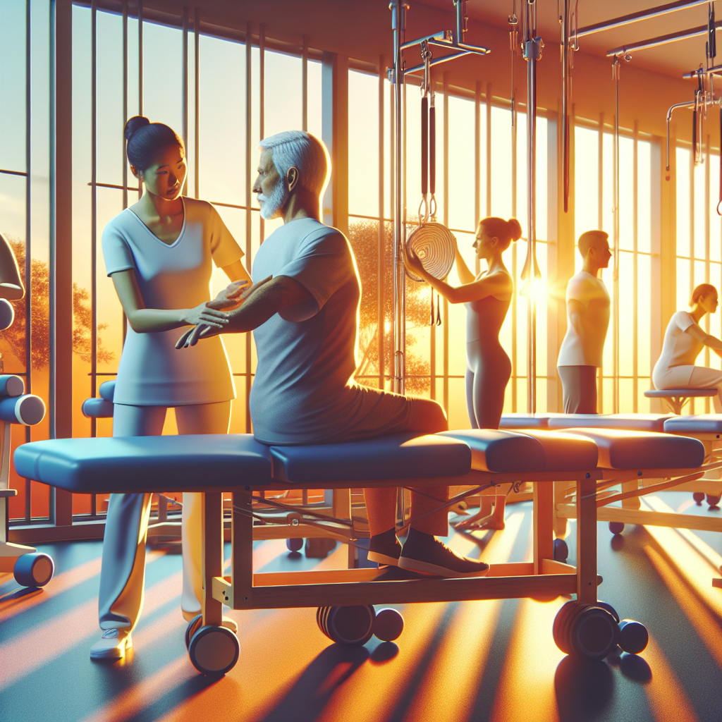 Physical therapist assisting elderly male patient with arm rehabilitation in a bright physical therapy clinic, with additional patients engaged in various exercises.