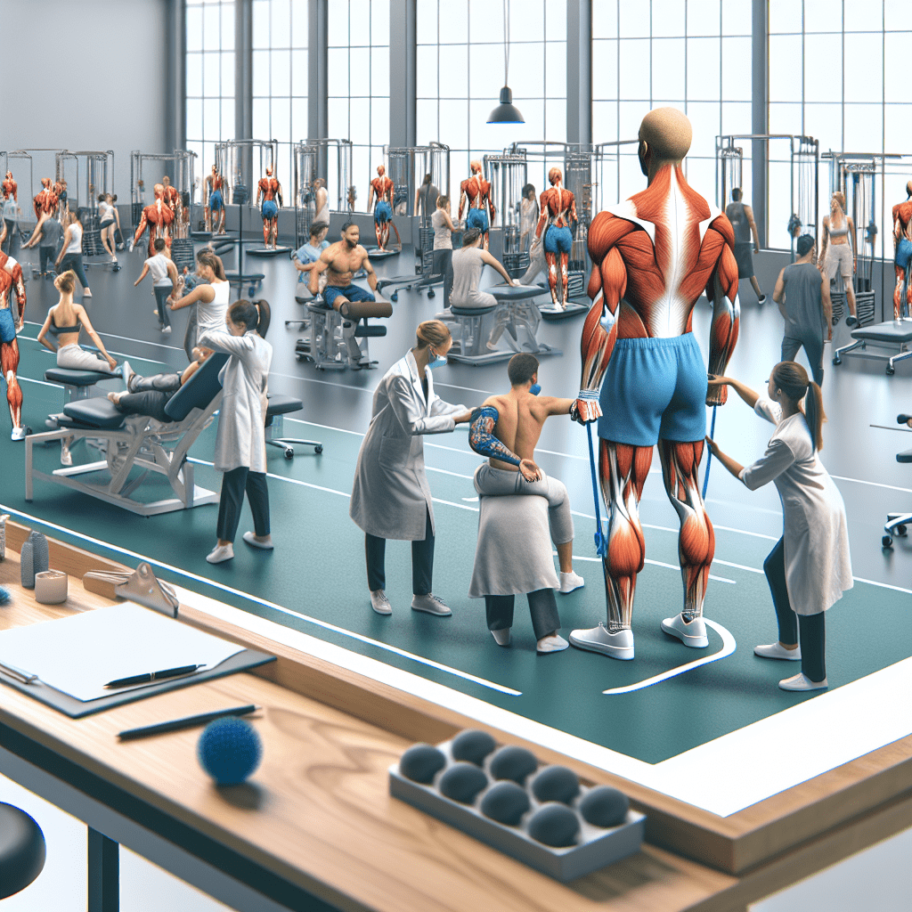 Physical therapy clinic scene with patients receiving treatment for shoulder injuries, therapists assisting with rehabilitation exercises, and anatomical model highlighting muscle structure, emphasizing expert care for swift recovery in Arlington.